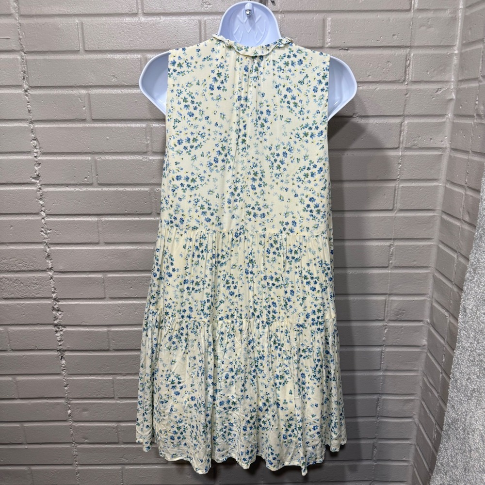 AQUA Yellow Blue Floral Tiered Mini Dress Ruffle Tie Neck Sleeveless Small Flaw - Picture 4 of 14
